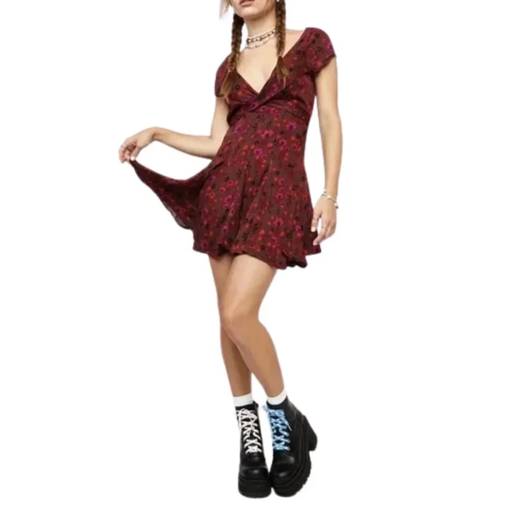 NWT Free People It Takes Two Wrap Knit Skater Dress in Plum Combo Sz. M